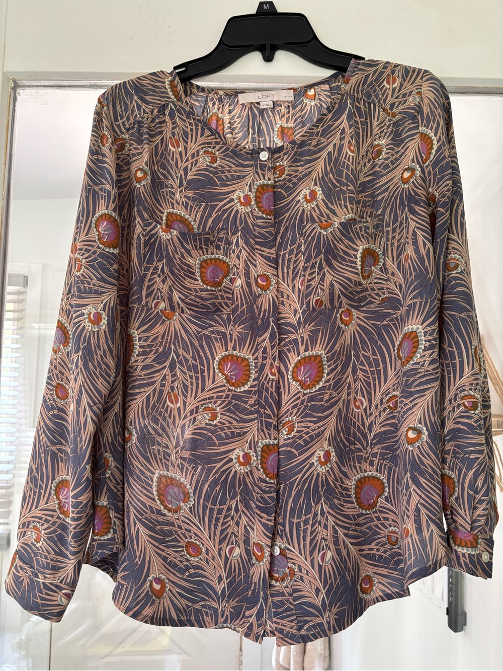 LOFT Navy Peacock-Print Button Front Blouse with Pink and Tan Accents